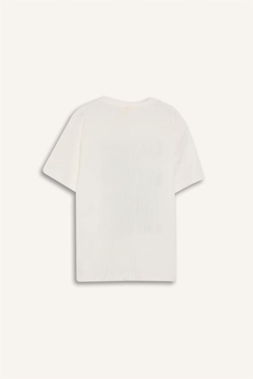 Erkek Çocuk - Genç Erkek Kırık Beyaz Bisiklet Yaka Baskılı Kısa Kollu Tişört Erkek Çocuk