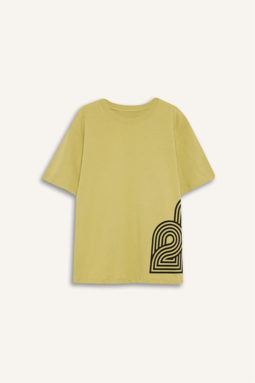 أولاد Açık Zeytin Yeşili تيشيرت ولادي نص ردن مطبوع قصة عادية