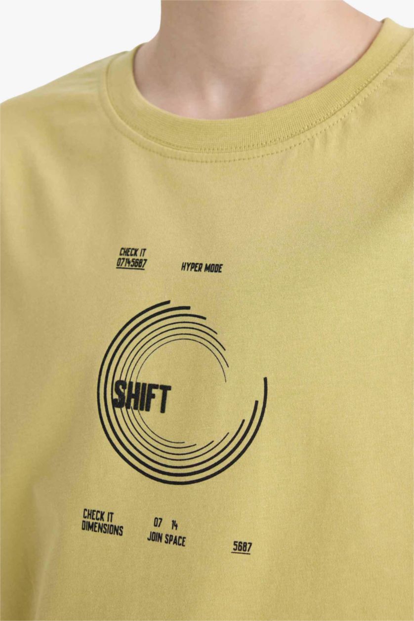 Erkek Çocuk - Genç Erkek Açık Zeytin Yeşili Bisiklet Yaka Sırt Baskılı Kısa Kollu Tişört Erkek Çocuk