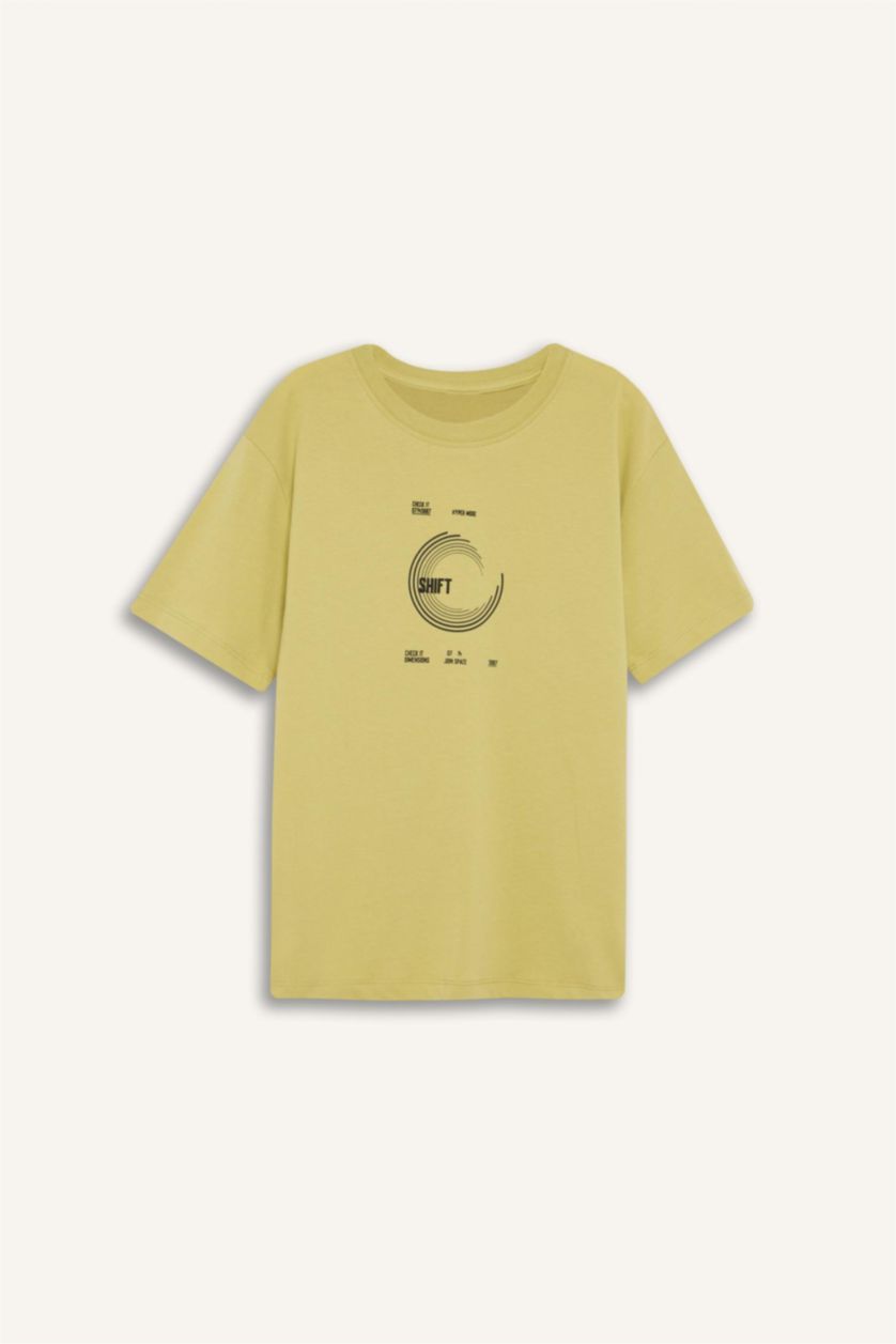 Erkek Çocuk - Genç Erkek Açık Zeytin Yeşili Bisiklet Yaka Sırt Baskılı Kısa Kollu Tişört Erkek Çocuk