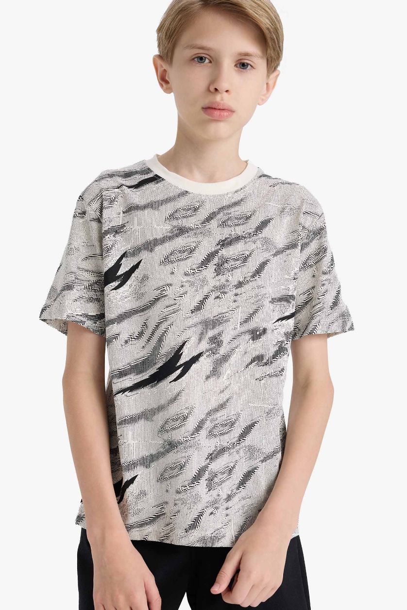 Erkek Çocuk - Genç Erkek Kırık Beyaz Bisiklet Yaka Desenli Kısa Kollu Tişört Erkek Çocuk