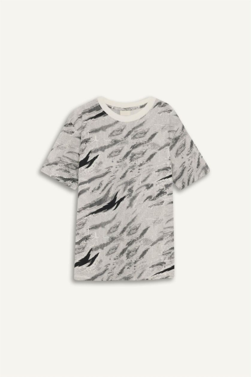 Erkek Çocuk - Genç Erkek Kırık Beyaz Bisiklet Yaka Desenli Kısa Kollu Tişört Erkek Çocuk