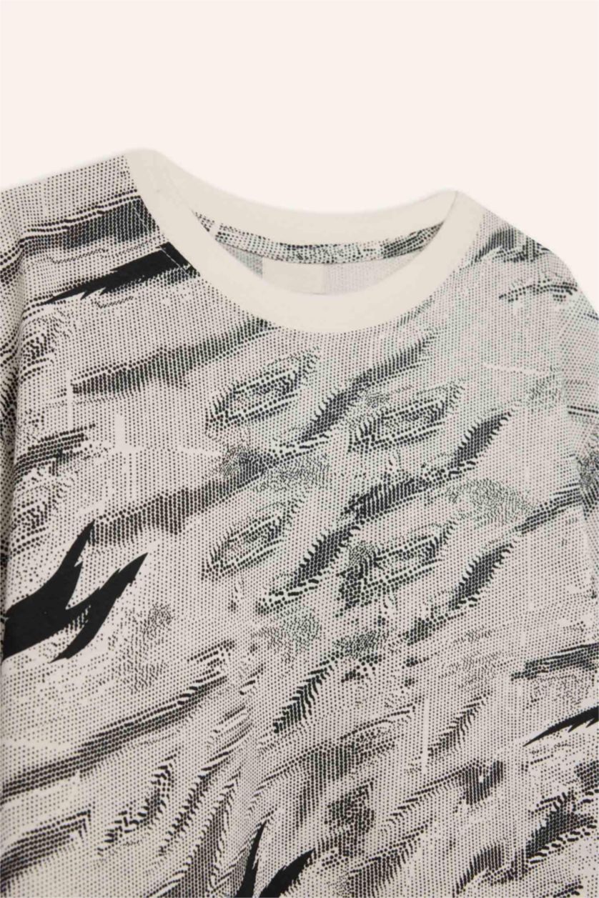 Erkek Çocuk - Genç Erkek Kırık Beyaz Bisiklet Yaka Desenli Kısa Kollu Tişört Erkek Çocuk