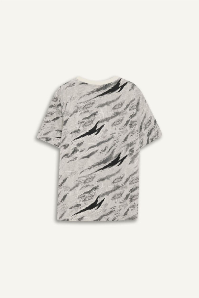 Erkek Çocuk - Genç Erkek Kırık Beyaz Bisiklet Yaka Desenli Kısa Kollu Tişört Erkek Çocuk