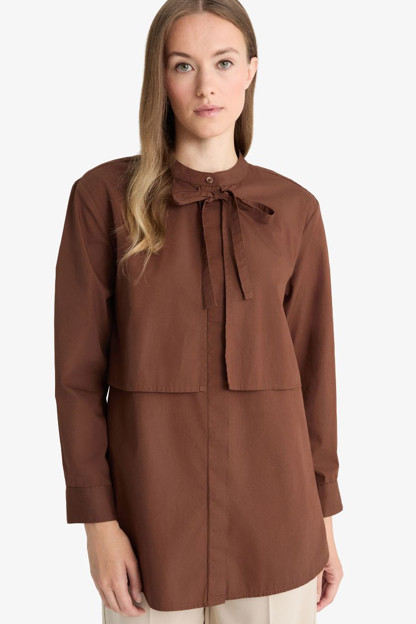 Kadın Kahve Relax Fıt Poplin Uzun Kollu Tunik