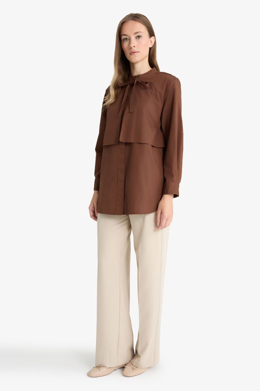 Kadın Kahve Relax Fıt Poplin Uzun Kollu Tunik