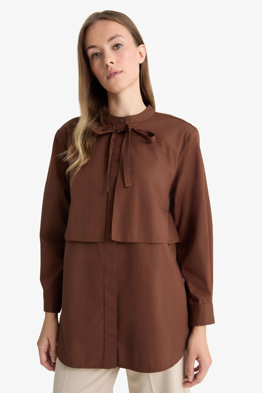 Kadın Kahve Relax Fıt Poplin Uzun Kollu Tunik