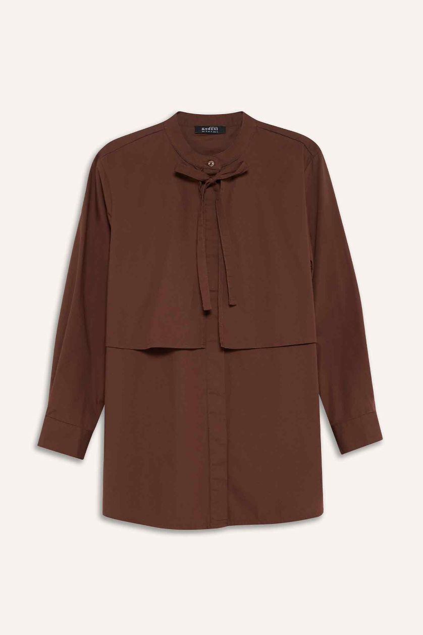Kadın Kahve Relax Fıt Poplin Uzun Kollu Tunik
