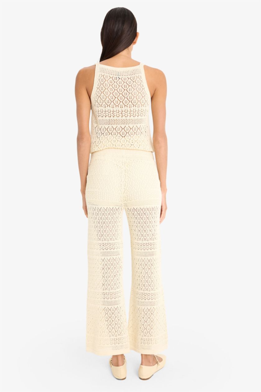 Kadın Ekru Wide Leg Geniş Paça Ajur Triko Pantolon