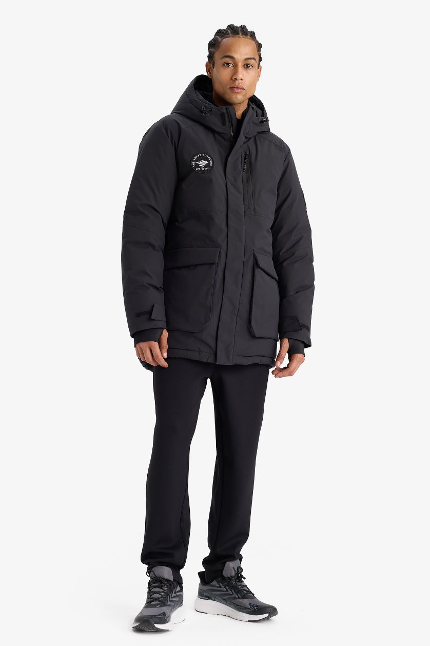 Erkek Siyah Su İtici Regular Fit Kapüşonlu Fermuarlı Rüzgar Geçirmez Parka Mont