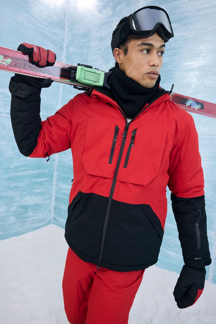 Erkek Kırmızı Su İtici Slim Fit Dar Kesim Kapüşonlu Fermuarlı Kayak Montu