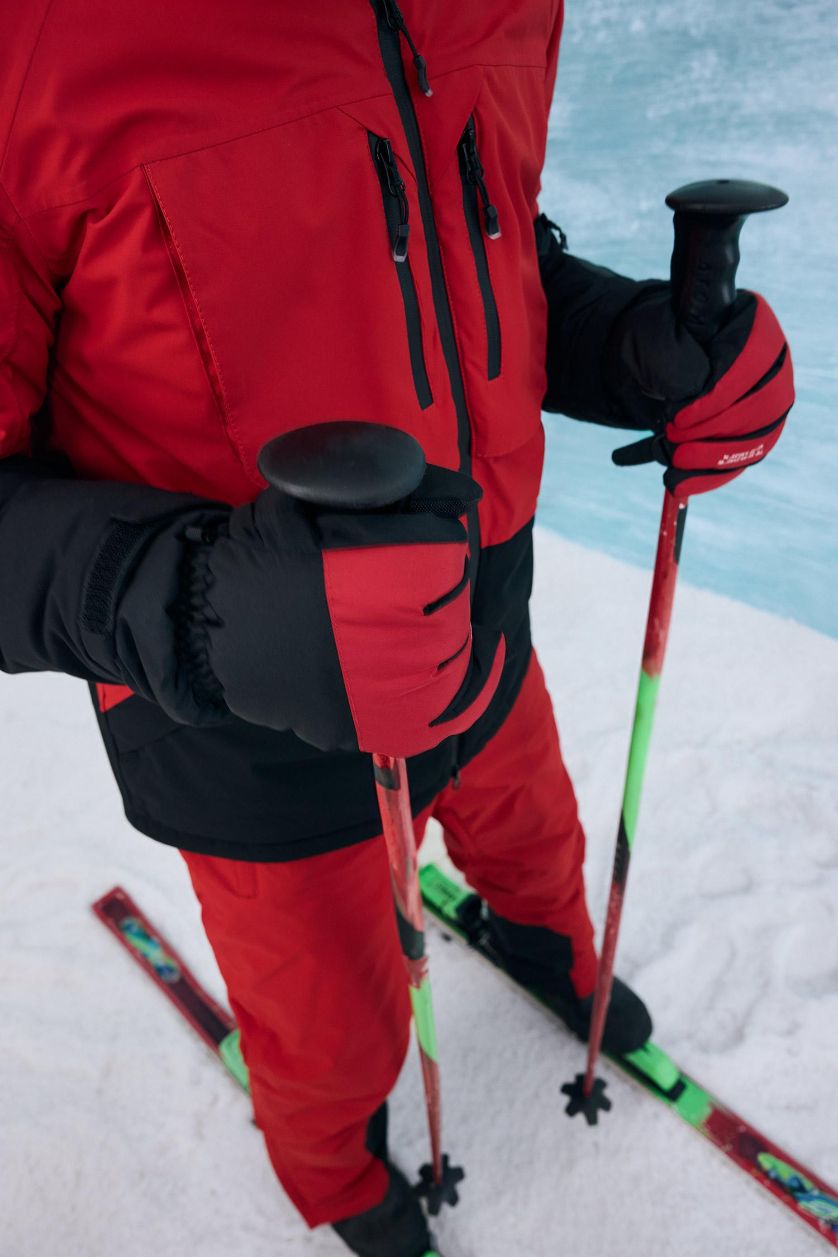 Erkek Kırmızı Su İtici Slim Fit Dar Kesim Kapüşonlu Fermuarlı Kayak Montu