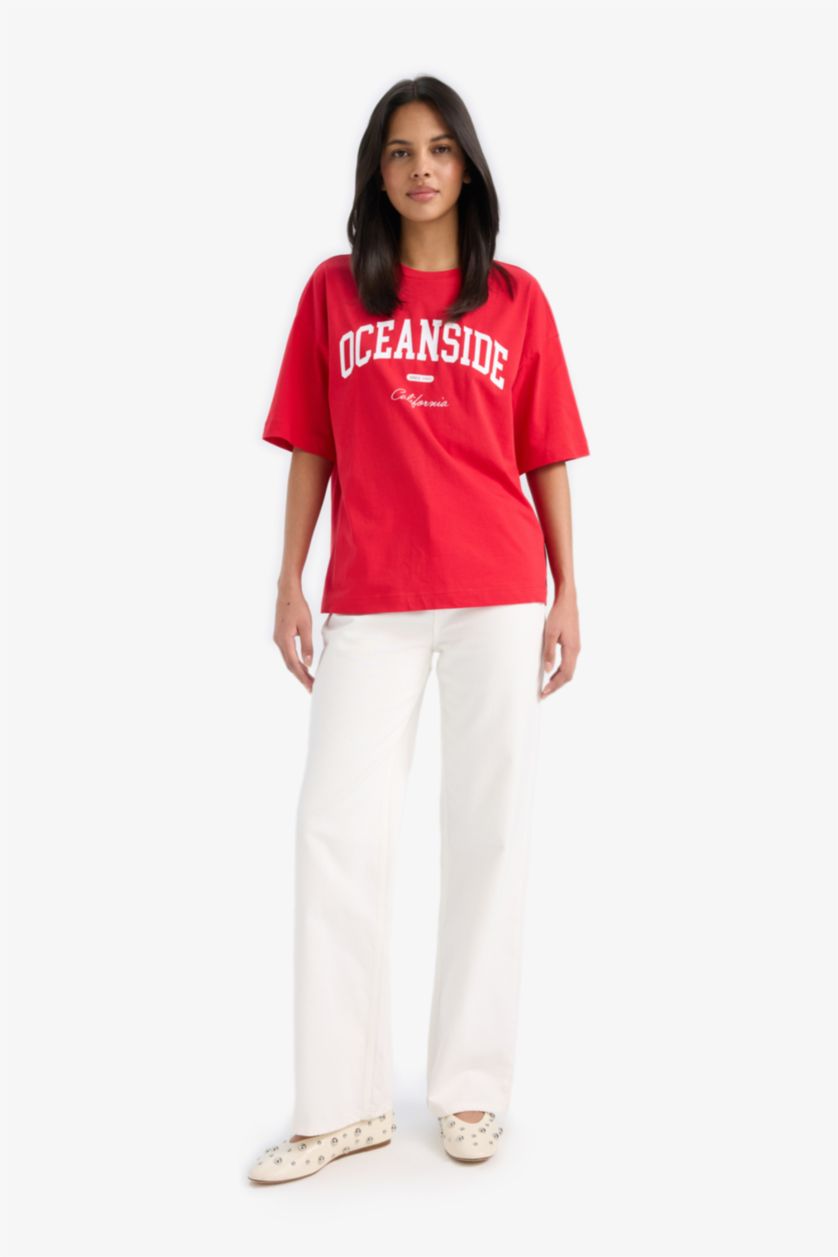 نساء أحمر Oversize Fit Crew Neck Slogan Printed Cotton T-Shirt