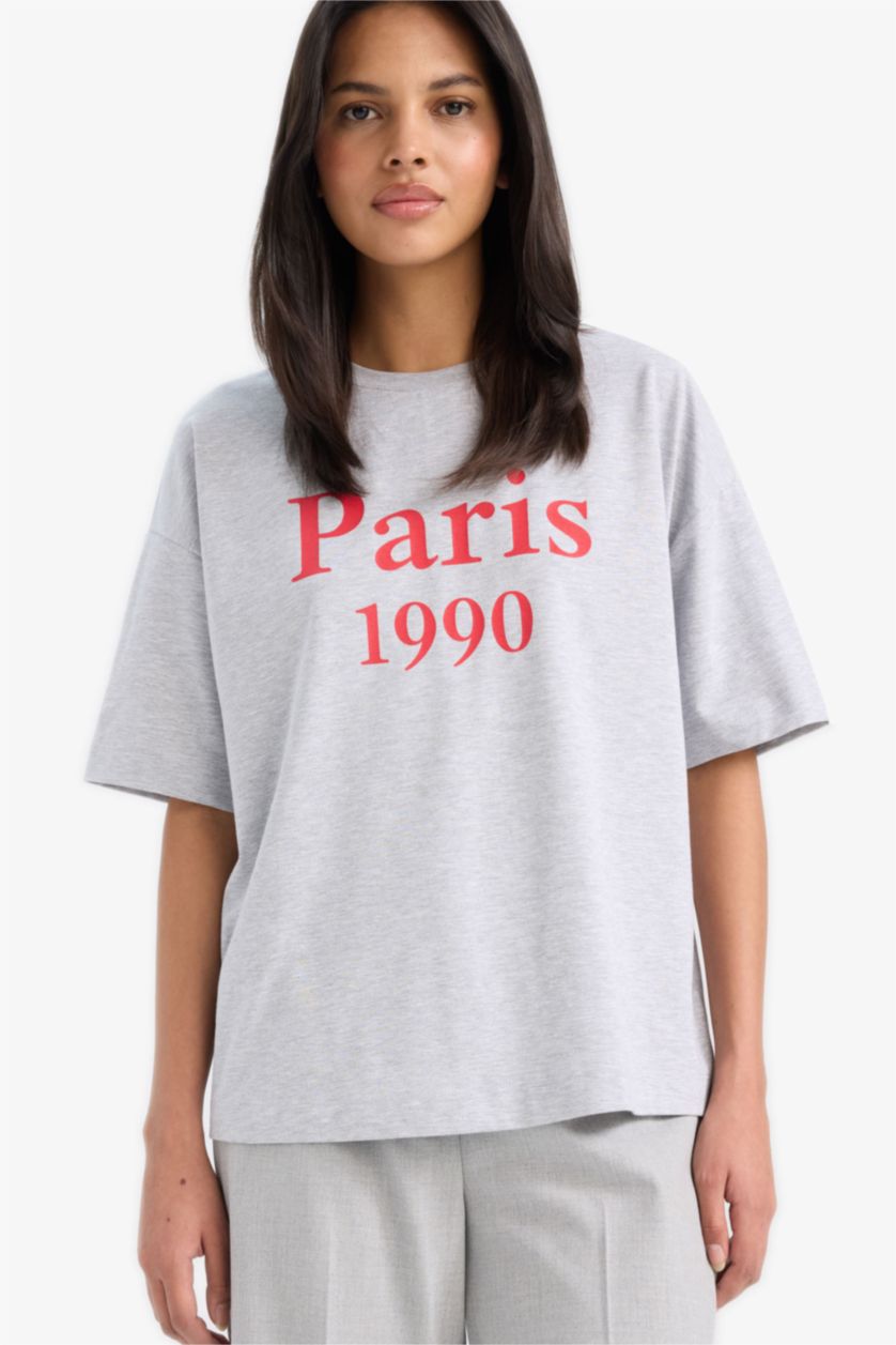 WOMAN Grey Melange Oversize Crew Neck Slogan Printed Cotton T-Shirt