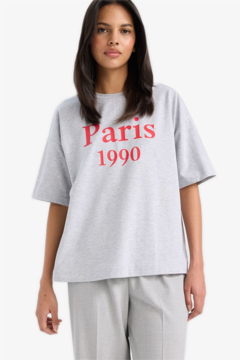 WOMAN Grey Melange Oversize Crew Neck Slogan Printed Cotton T-Shirt