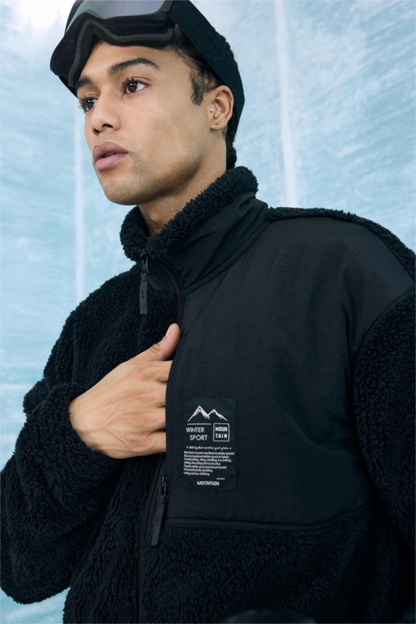 MAN Black Boxy Fit Stand Collar Plush Soft Lining Cardigan