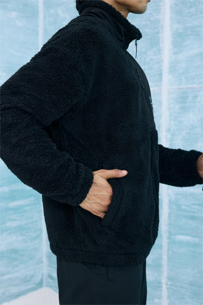 MAN Black Boxy Fit Stand Collar Plush Soft Lining Cardigan