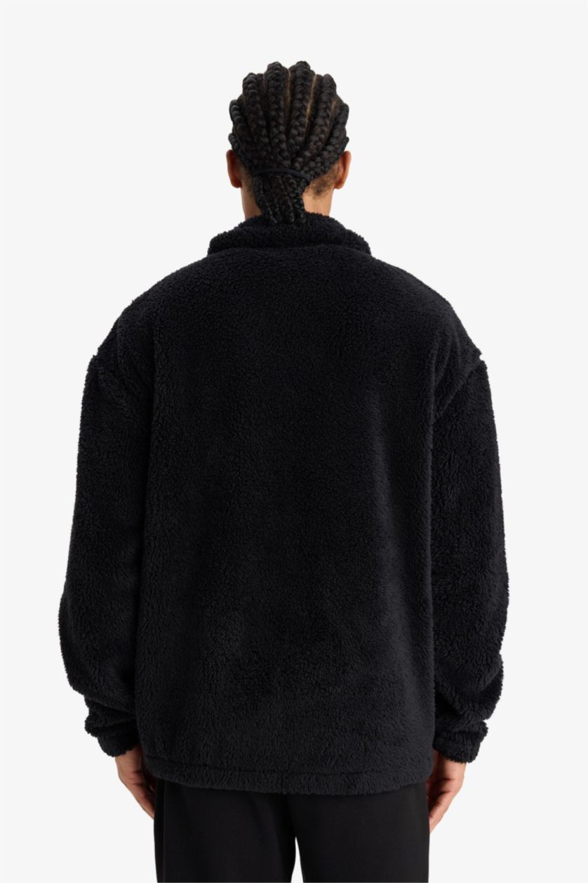 MAN Black Boxy Fit Stand Collar Plush Soft Lining Cardigan