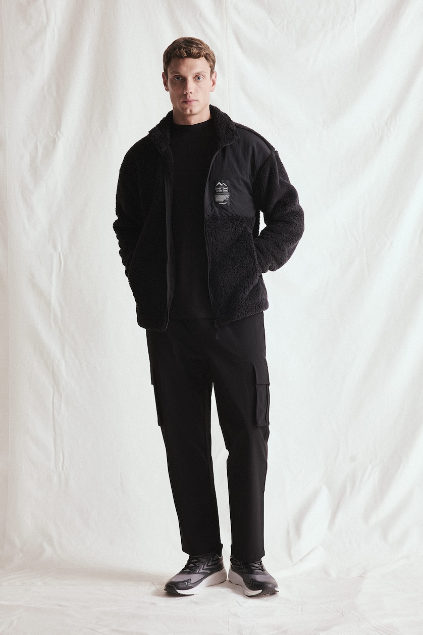 Men Black Boxy Fit Sherpa Cardigan