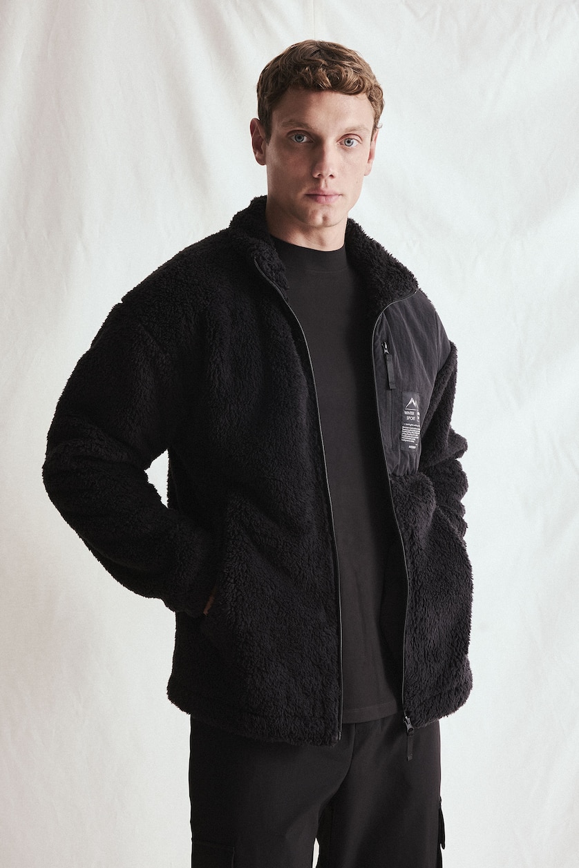 Men Black Boxy Fit Sherpa Cardigan