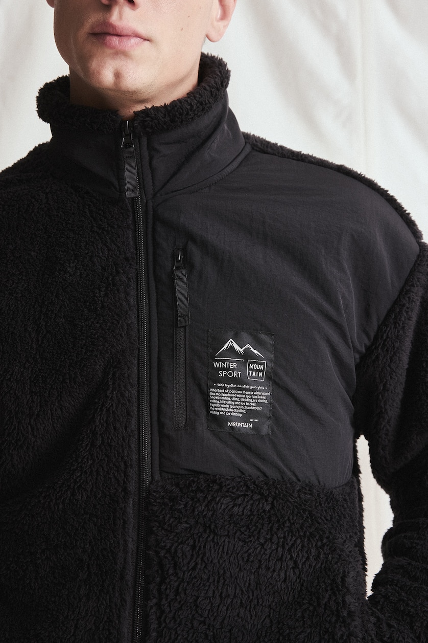 Men Black Boxy Fit Sherpa Cardigan