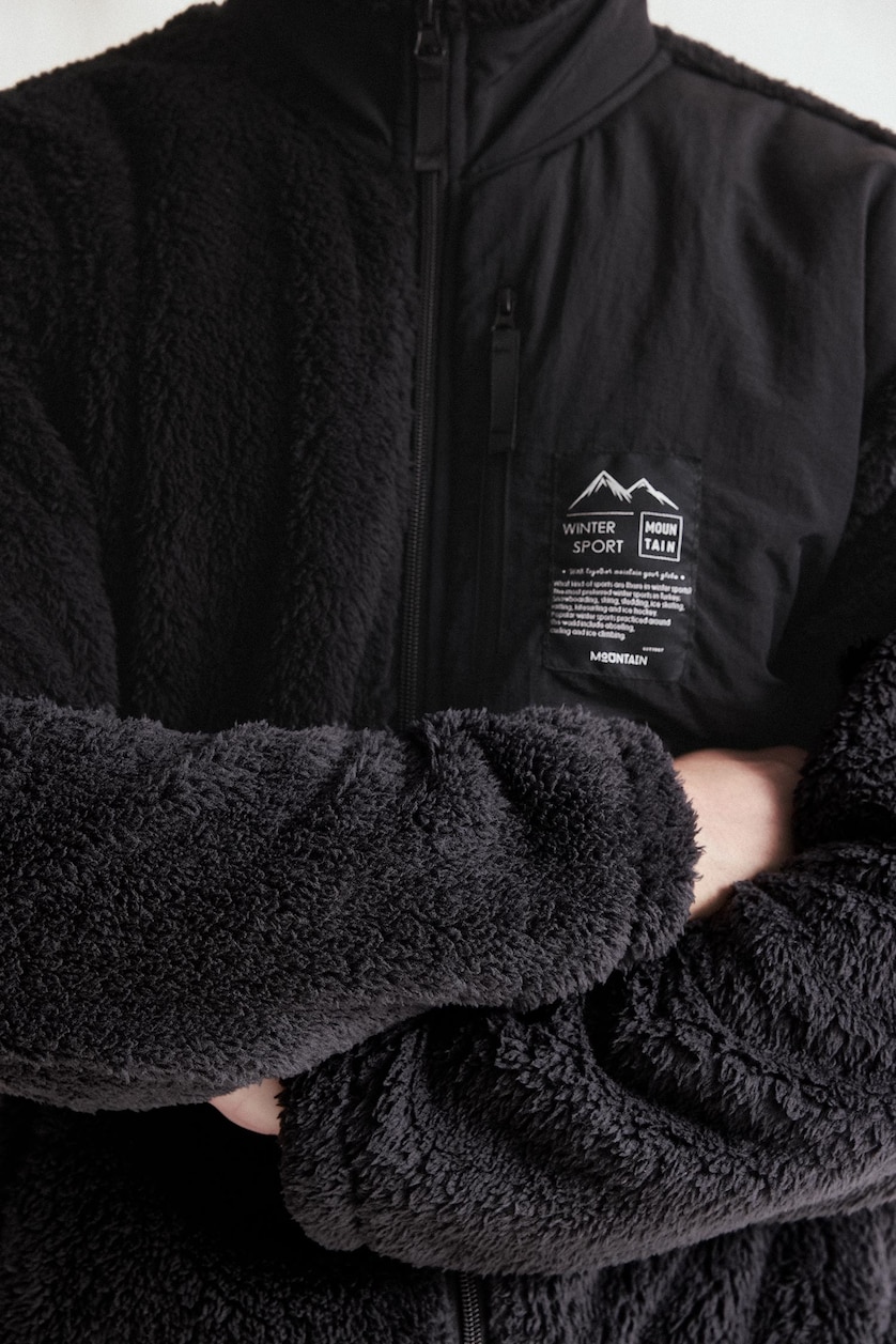 Men Black Boxy Fit Sherpa Cardigan