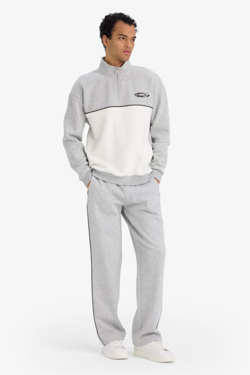 Erkek Gri Melanj Boxy Fit Dik Yaka Yarım Fermuarlı Baskılı Kalın Sweatshirt