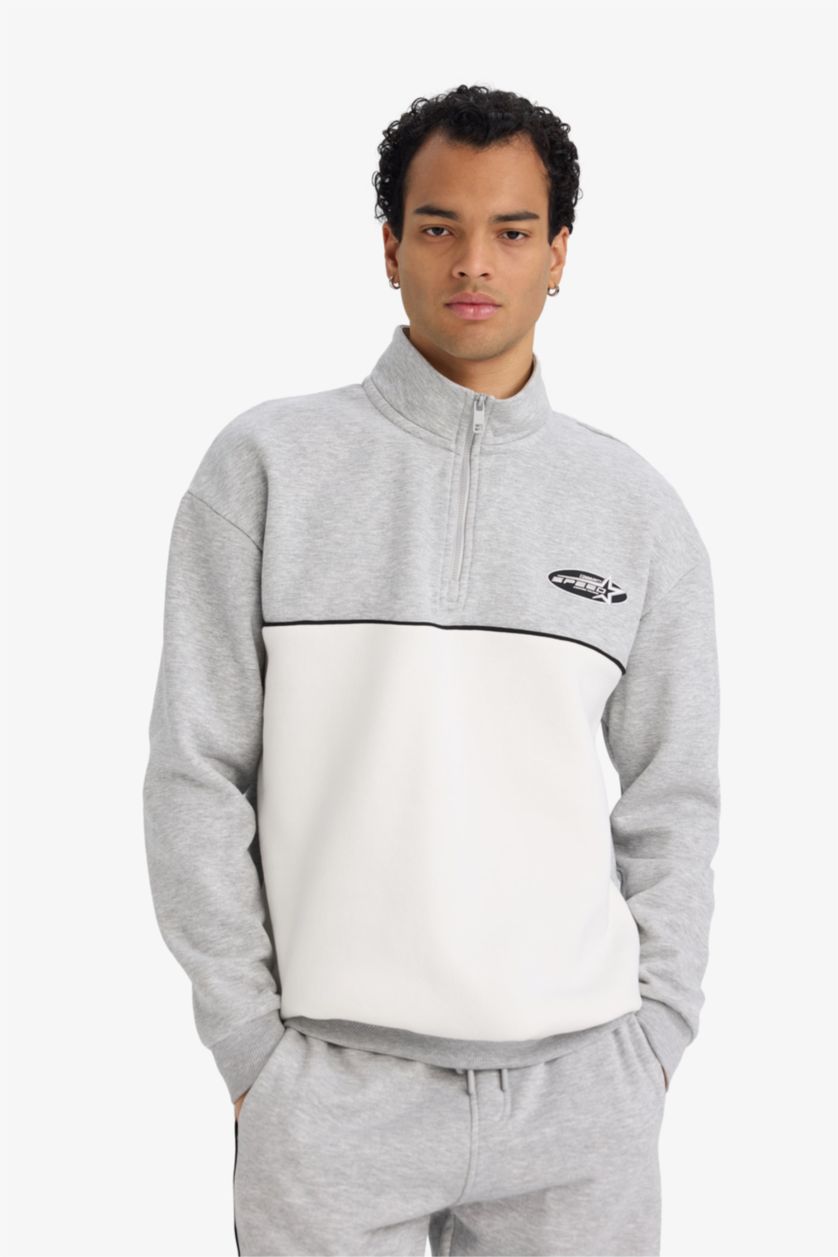 Erkek Gri Melanj Boxy Fit Dik Yaka Yarım Fermuarlı Baskılı Kalın Sweatshirt