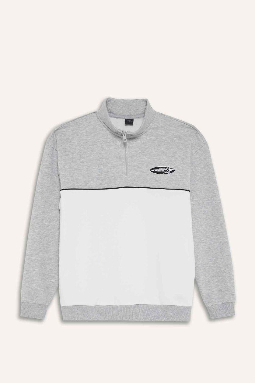 Erkek Gri Melanj Boxy Fit Dik Yaka Yarım Fermuarlı Baskılı Kalın Sweatshirt