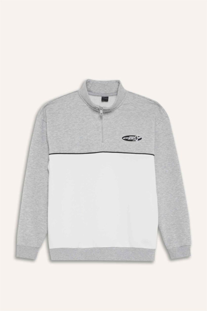 Erkek Gri Melanj Boxy Fit Dik Yaka Yarım Fermuarlı Baskılı Kalın Sweatshirt
