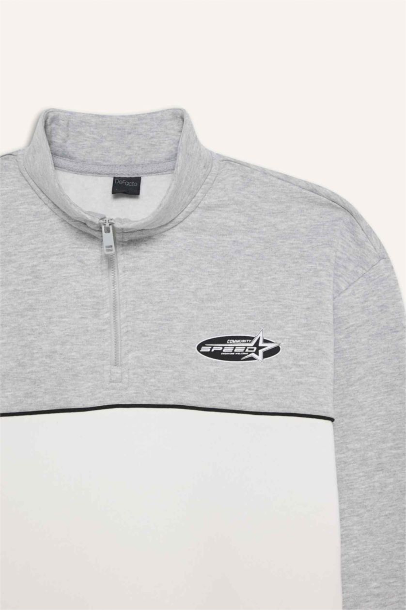 Erkek Gri Melanj Boxy Fit Dik Yaka Yarım Fermuarlı Baskılı Kalın Sweatshirt