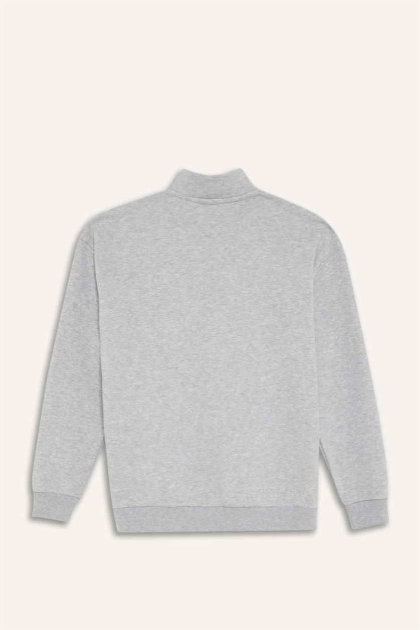 Erkek Gri Melanj Boxy Fit Dik Yaka Yarım Fermuarlı Baskılı Kalın Sweatshirt