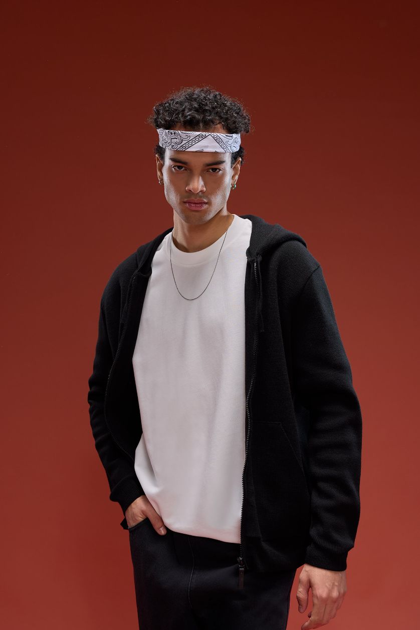 رجال أسود جاكيت تريكو قصة مريحة بغطاء للرأس