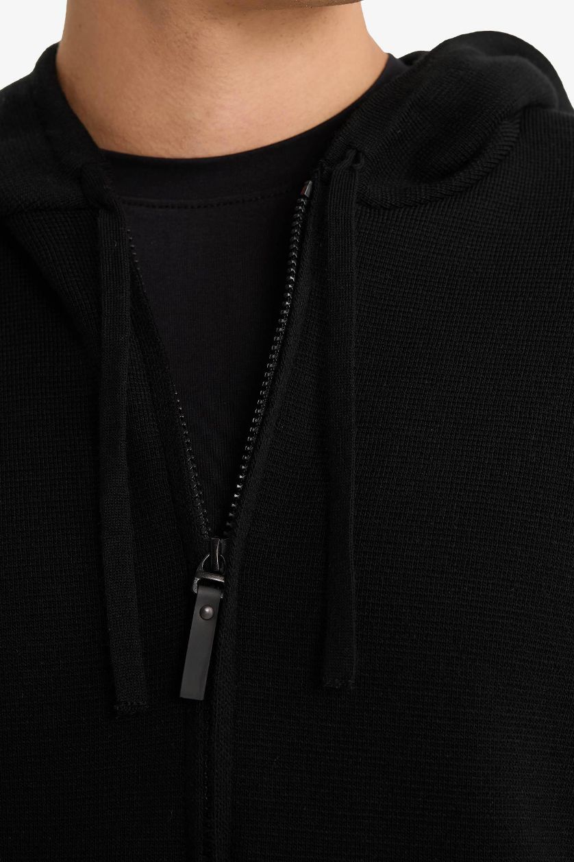 رجال أسود جاكيت تريكو قصة مريحة بغطاء للرأس