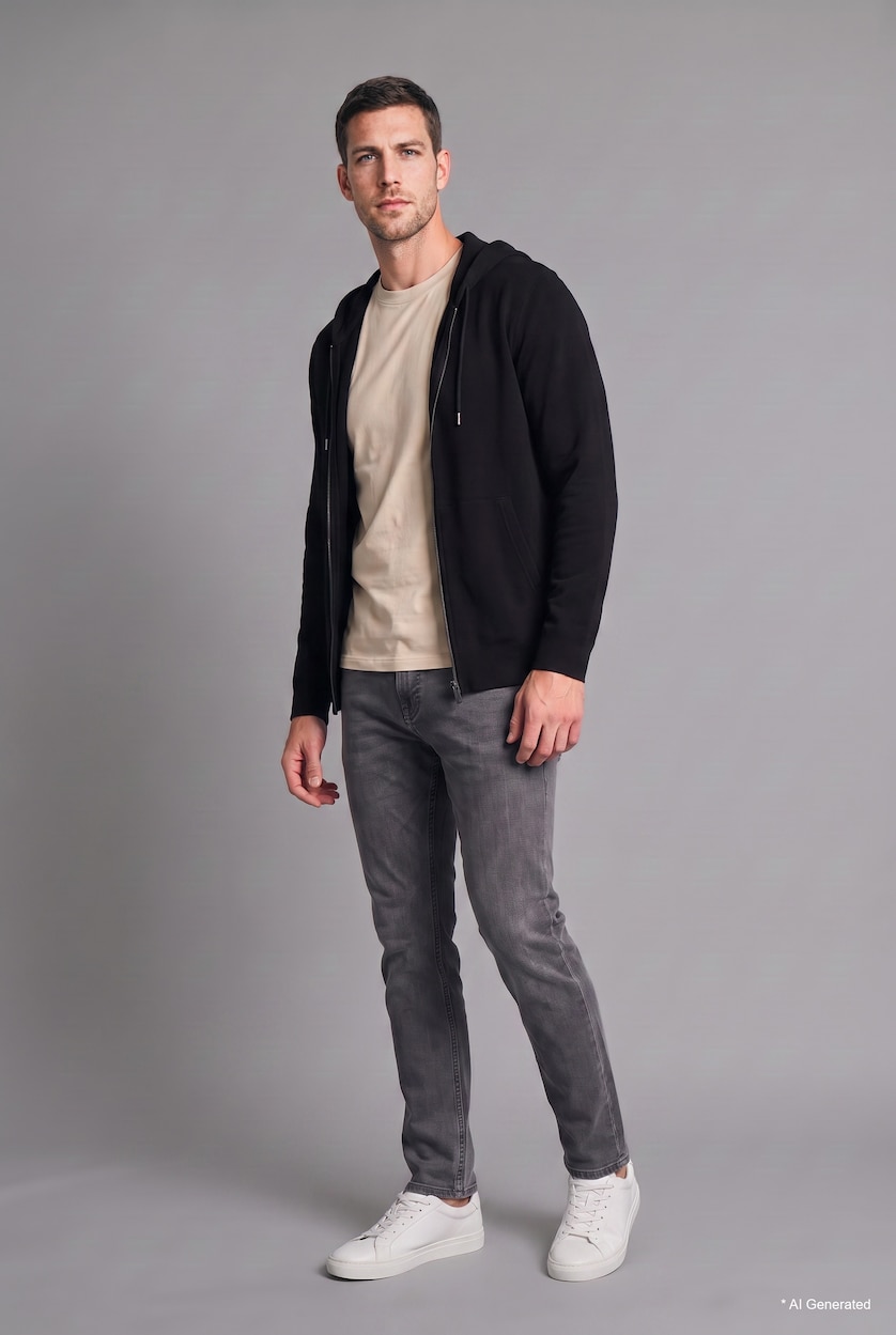 رجال أسود Relaxed Fit Zip-Up Hoodie