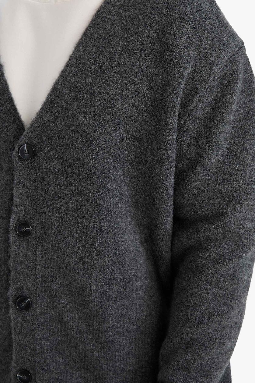 Erkek Antrasit Relax Fıt V Yaka Triko Hırka