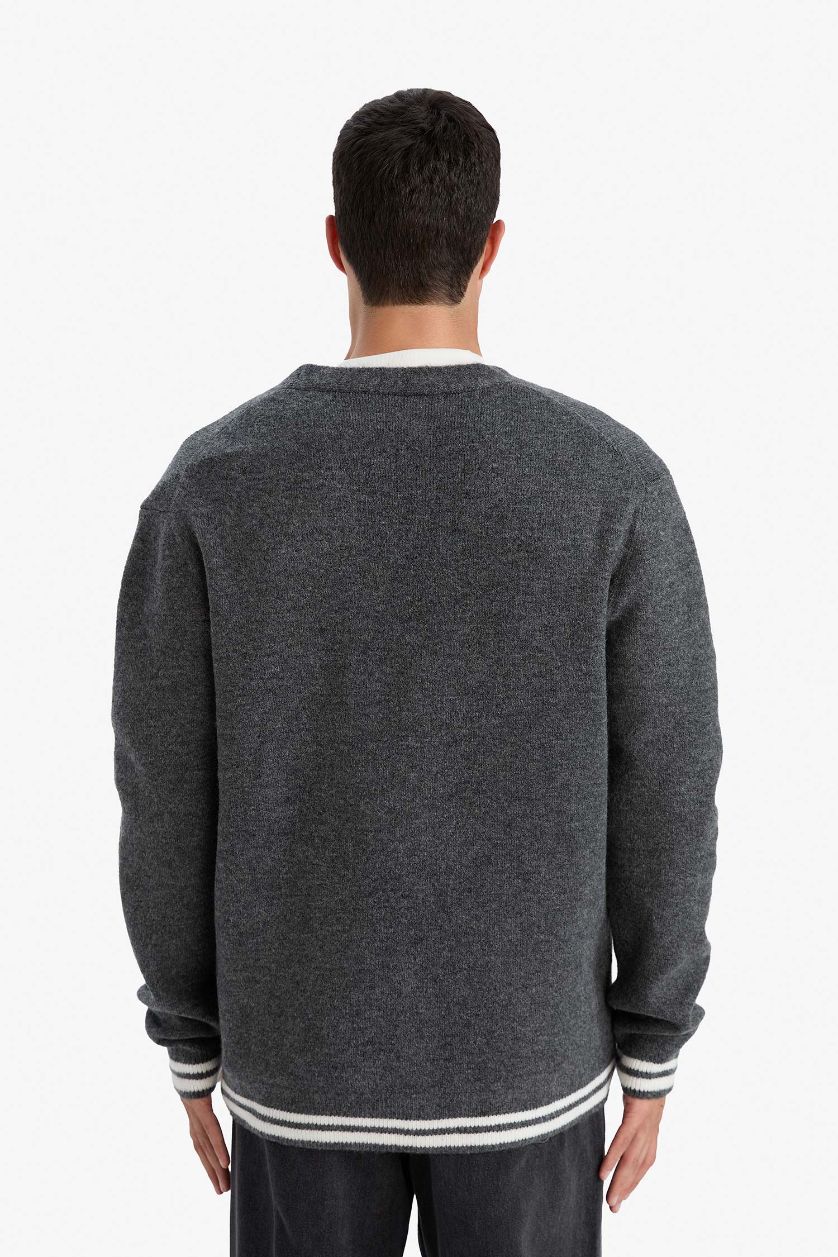 Erkek Antrasit Relax Fıt V Yaka Triko Hırka