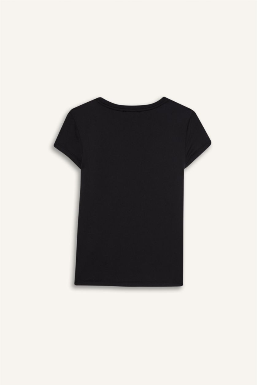 Woman Black Fitted Crew Neck Short Sleeve Black T-Shirt