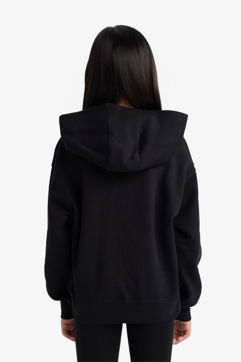 بنات أسود سويت شيرت بناتي قصة مريحة ببطانة ناعمة وطبعة أنيمة