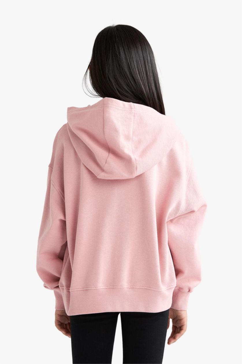 بنات وردي سويت شيرت بناتي اوفر سايز بياخة مستديرة ببطانة ناعمة