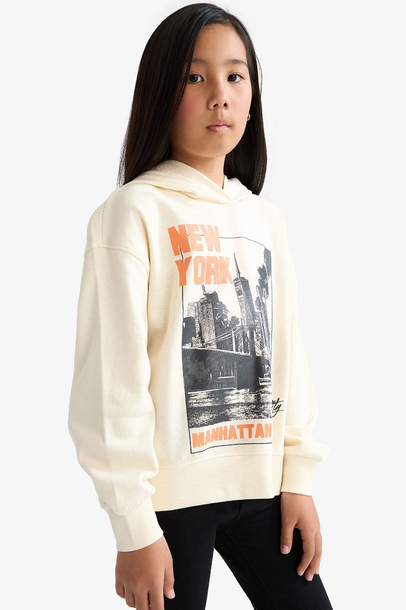 بنات بيج فاتح سويت شيرت بناتي اوفر سايز بياخة مستديرة ببطانة ناعمة