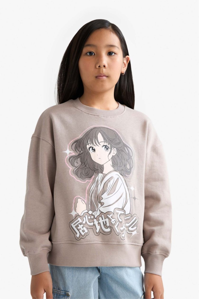Девочки и подростки Светло-серый Девочка, расслабленный крой, аниме толстовка с круглым вырезом и мягким флисом внутри