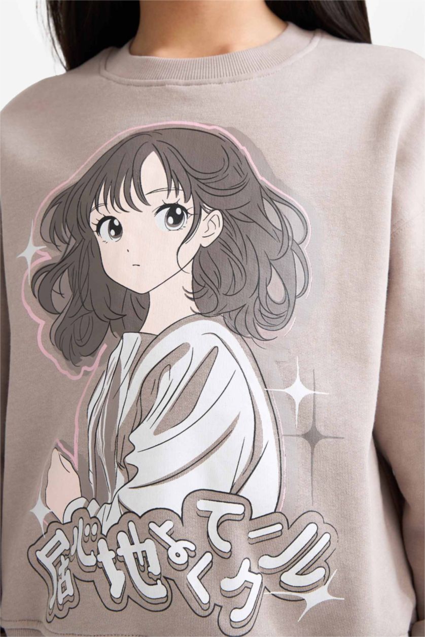 Девочки и подростки Светло-серый Девочка, расслабленный крой, аниме толстовка с круглым вырезом и мягким флисом внутри