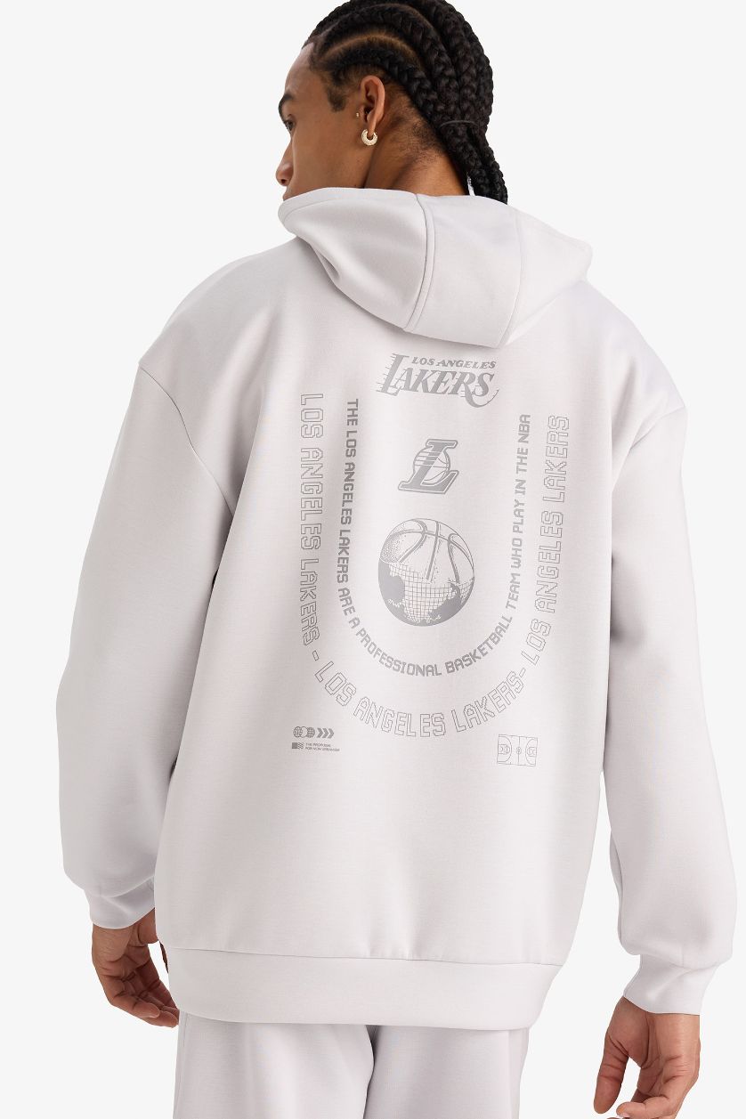 Erkek Açık Gri NBA Los Angeles Lakers Boxy Fit Kapüşonlu Skuba Dalgıç Kumaş Sırt Baskılı Sweatshirt