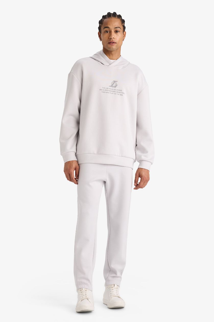 Erkek Açık Gri NBA Los Angeles Lakers Boxy Fit Kapüşonlu Skuba Dalgıç Kumaş Sırt Baskılı Sweatshirt