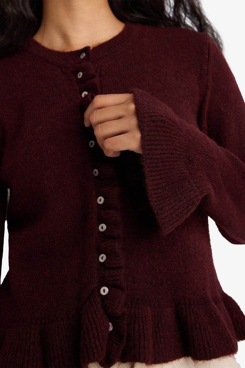 Kadın Bordo Regular Fıt Bisiklet Yaka Triko Hırka