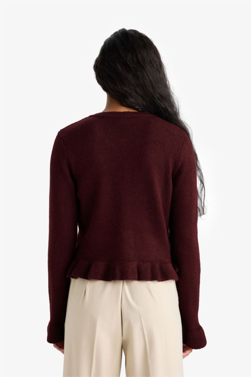 Kadın Bordo Regular Fıt Bisiklet Yaka Triko Hırka