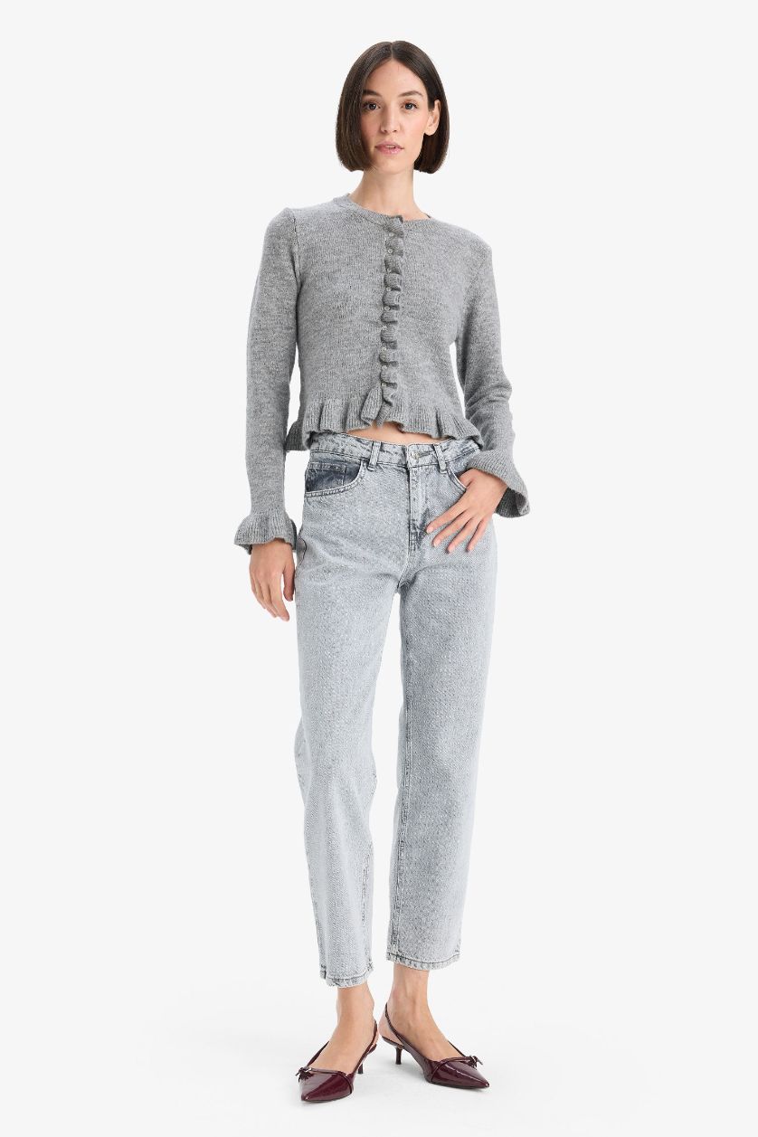 Woman Grey Regular Fit Crew Neck Knitwear Cardigan