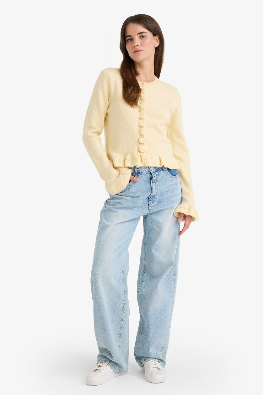 Woman Light Yellow Regular Fit Crew Neck Knitwear Cardigan