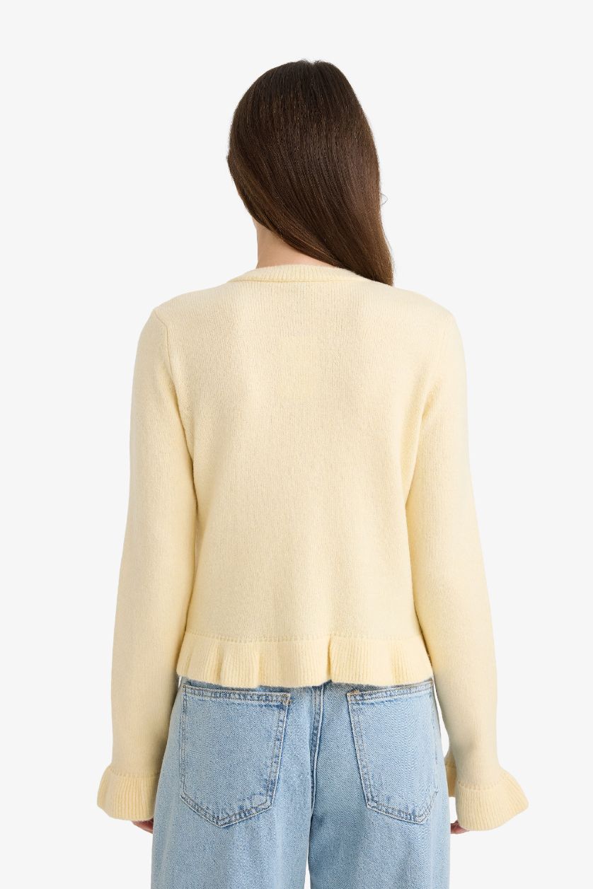 Woman Light Yellow Regular Fit Crew Neck Knitwear Cardigan